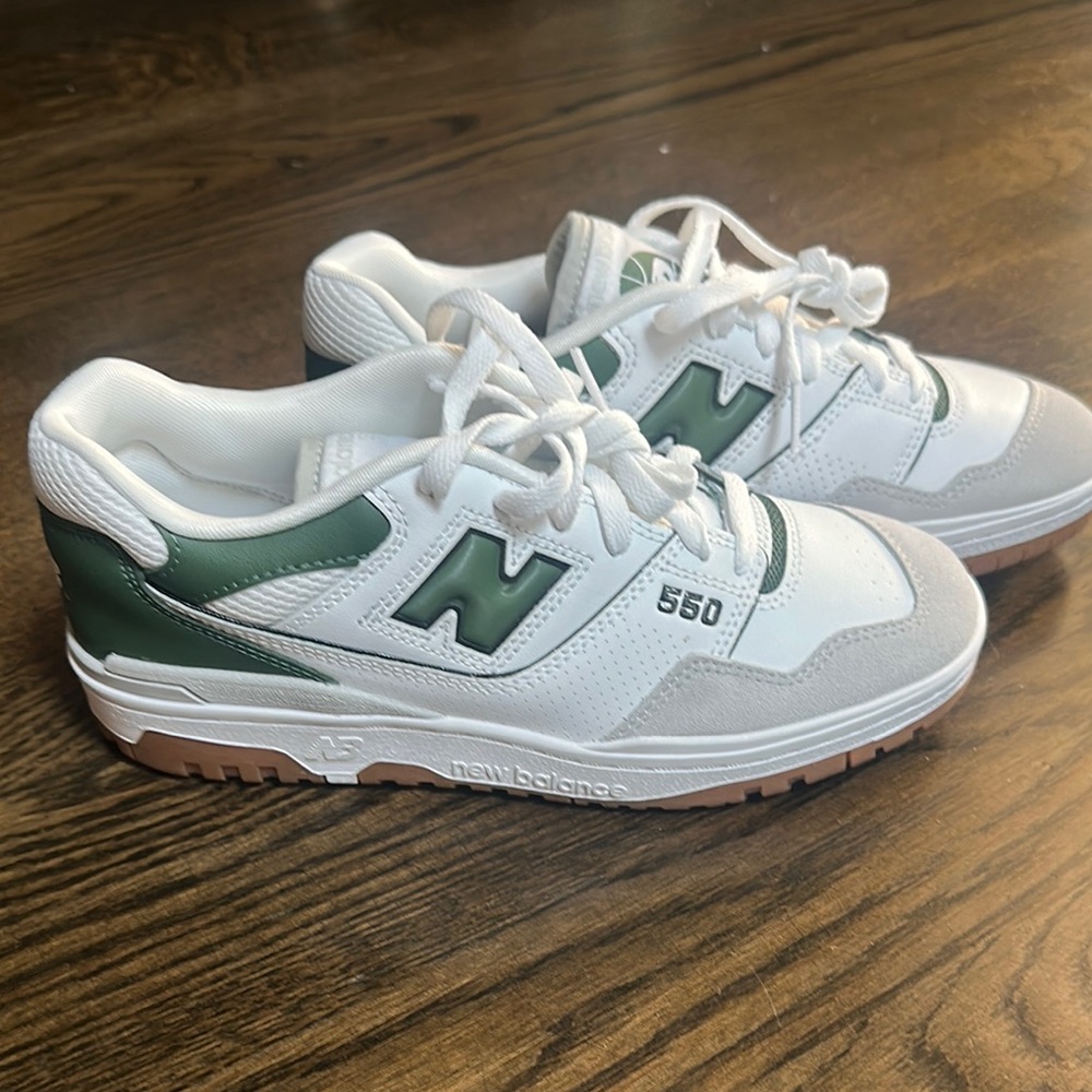 New Balance White and Green Classic Sneakers